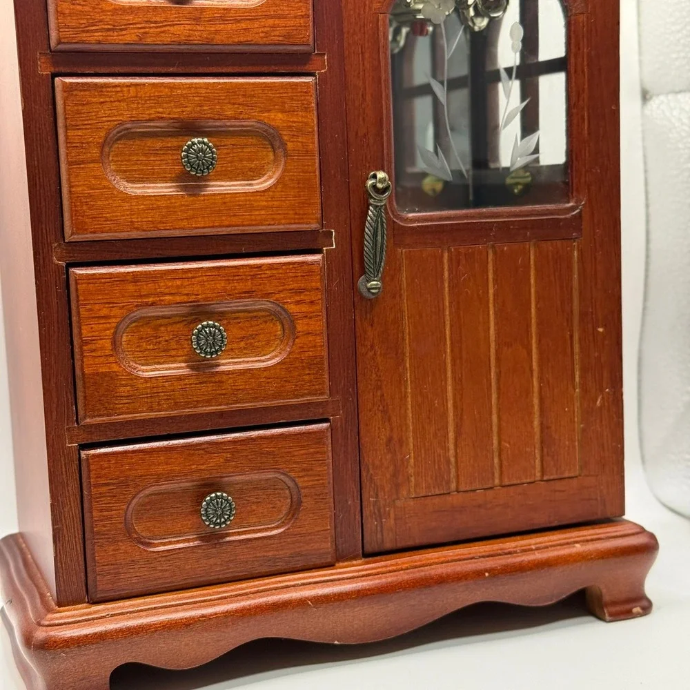 Vintage Wooden Jewelry Armoire Tabletop Chest 4 Drawers Etched Glass Carousel - Picture 3 of 16